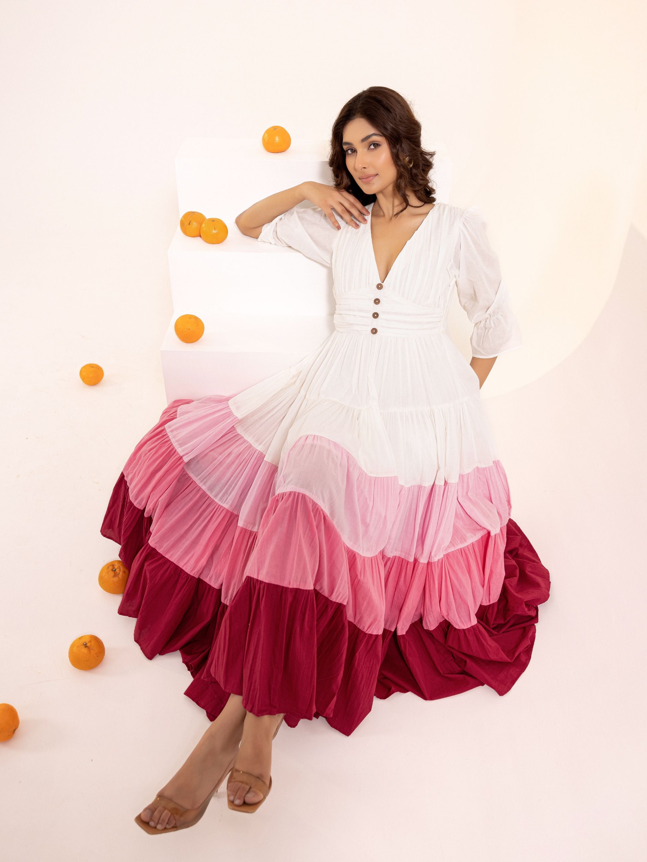 White Pink Ombre Cotton Maxi Dress | Tiered Ruffle Gown ASHEERA White Pink Ombre Cotton Maxi Dress | Tiered Ruffle Gown ASHEERA