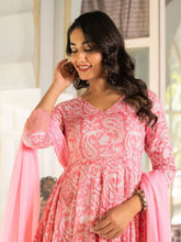 Hruti Pink Hand Block Cotton Anarkali Suit Set