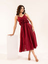 Ruby - Burgundy Cotton Midi Dress with Rosette Detail