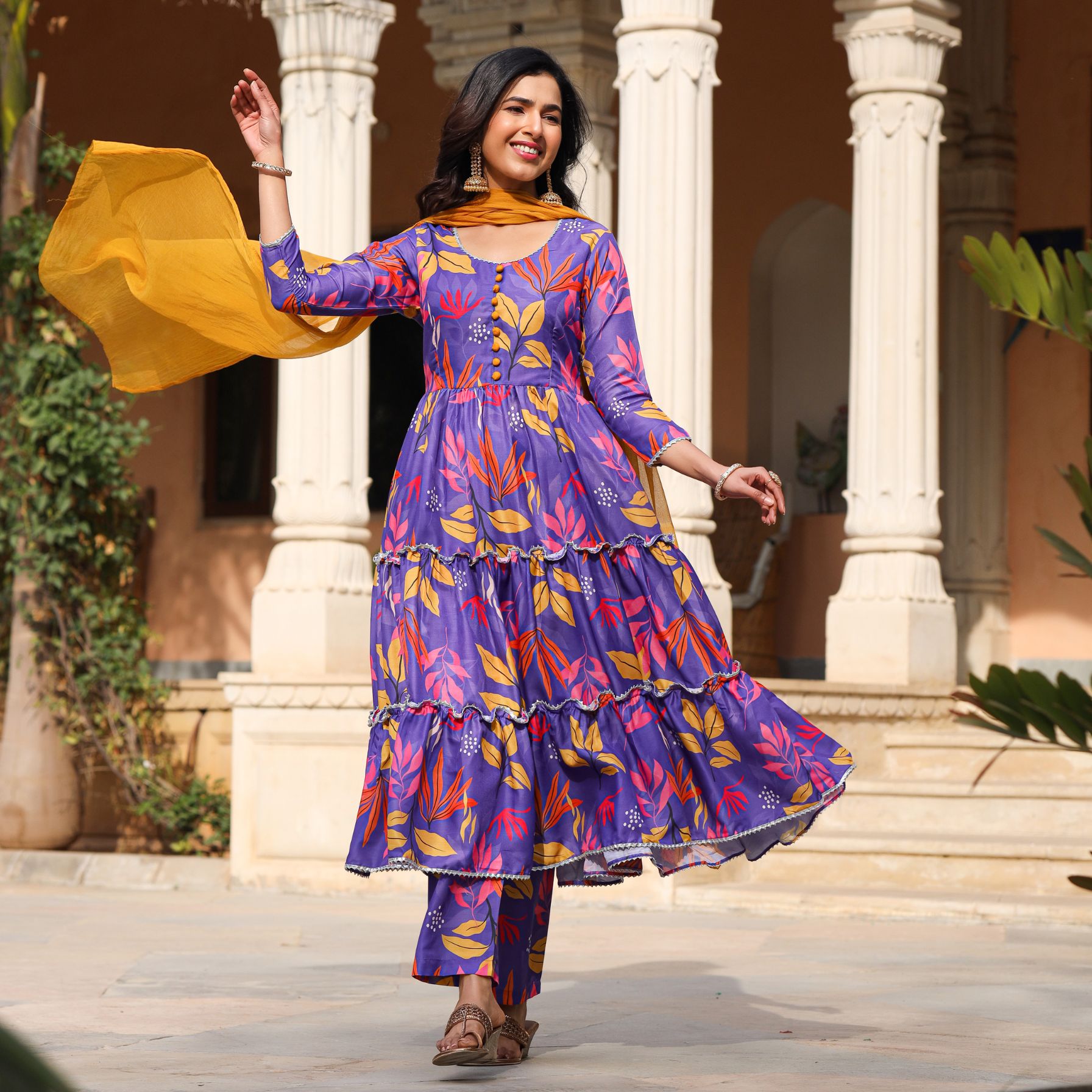 Printed Georgette Anarkali Ladies Dress Frock Suit Lilac Floral