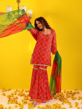 Red Bandhani Sequin Lace Work Sharara Set