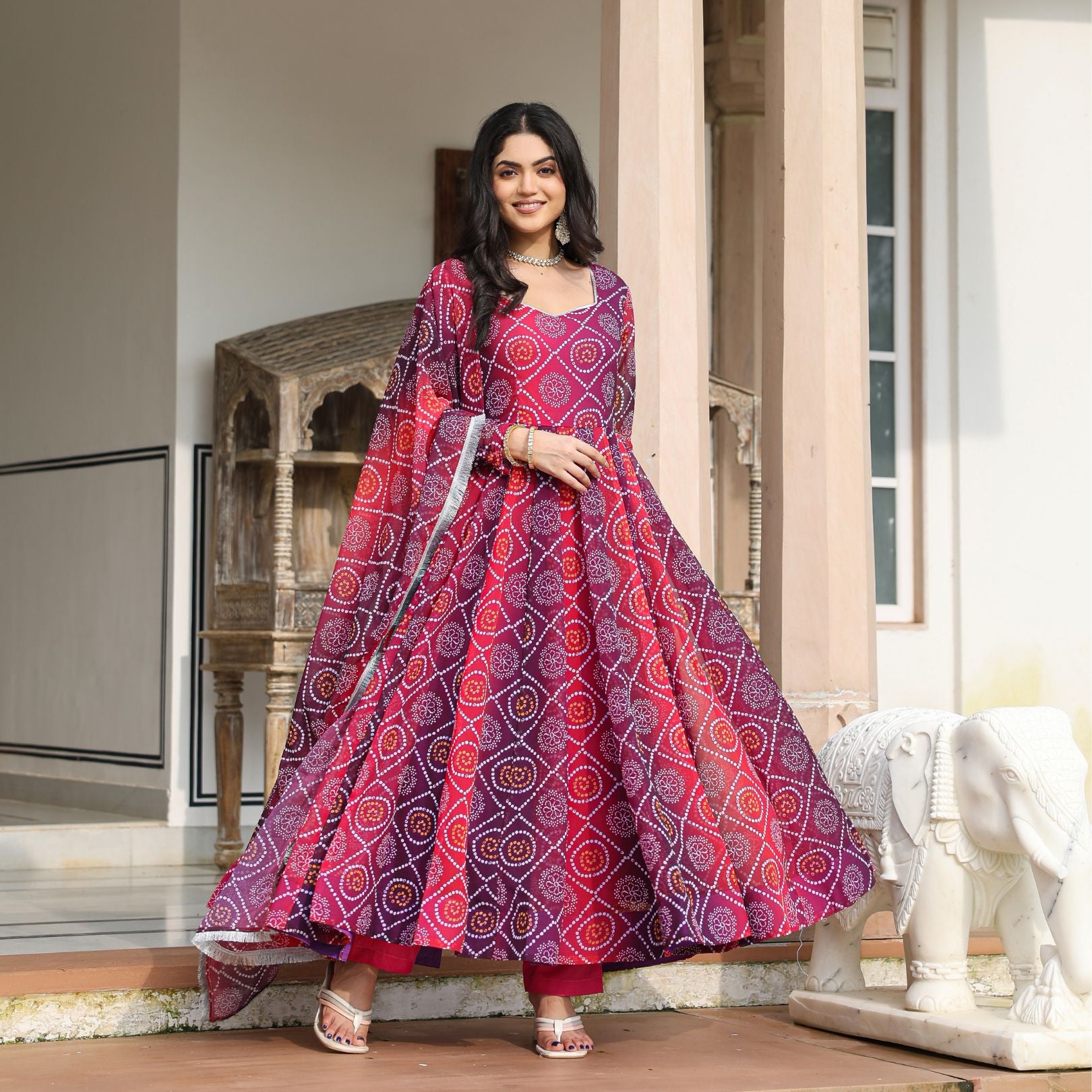 Anarkali Suit Neck Maxi Neck Model Pink Ombre Bandhani Anarkali