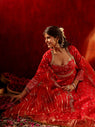 Ahilya Red Silk Anarkali Suit Set, a vibrant red silk anarkali with intricate gold embroidery, paired with matching pants