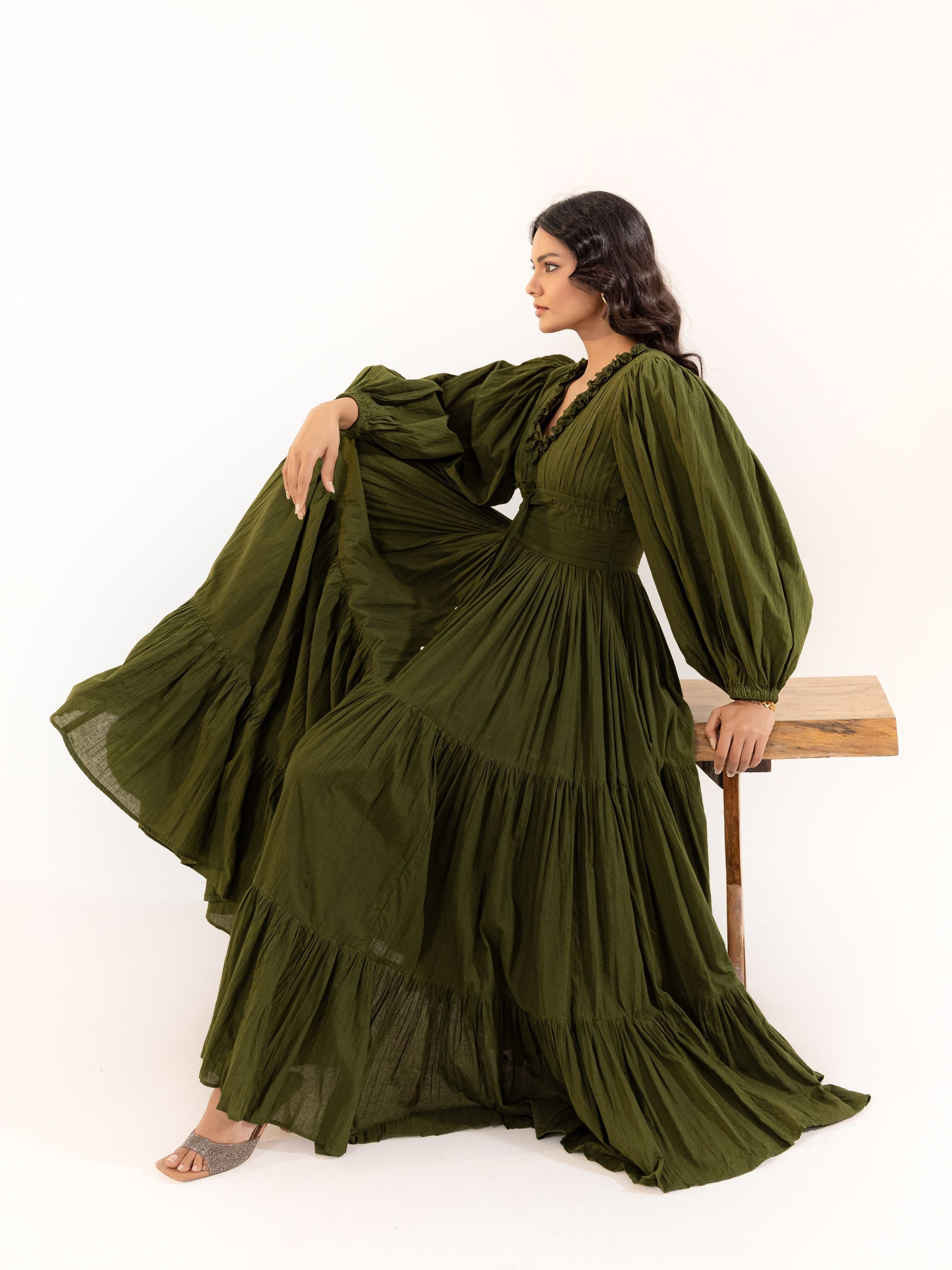 Olive Green Bishop Sleeve Designer Cotton Maxi Dress for Women | ASHEERA S Olive Green Bishop Sleeve Designer Cotton Maxi Dress for Women | ASHEERA S