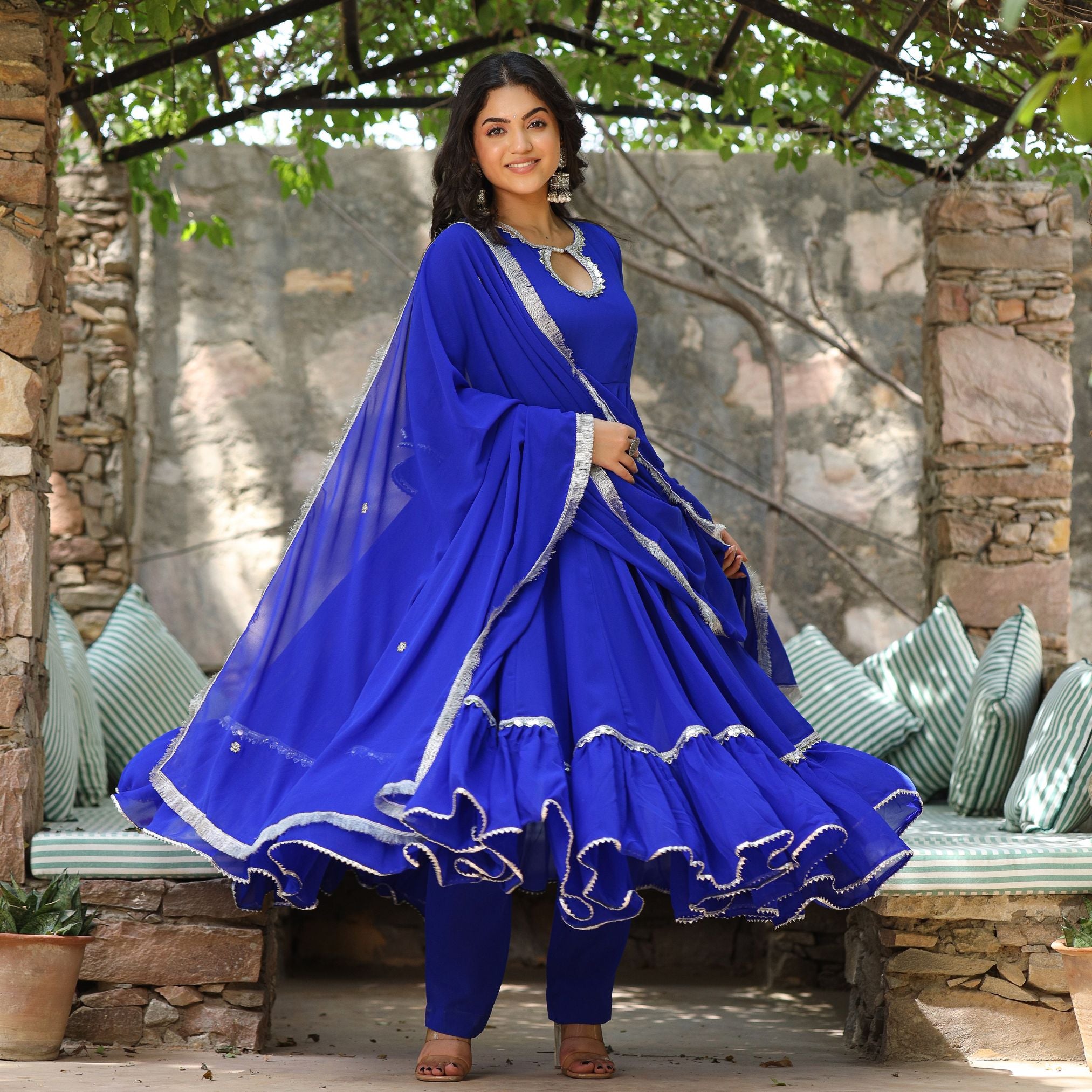 Anarkali Suit Sky Blue And Red Combination Dress Royal Blue Lace Work Anarkali Suit Set 3XL Anarkali Suit Sky Blue And Red Combination Dress Royal Blue Lace Work Anarkali Suit Set 3XL