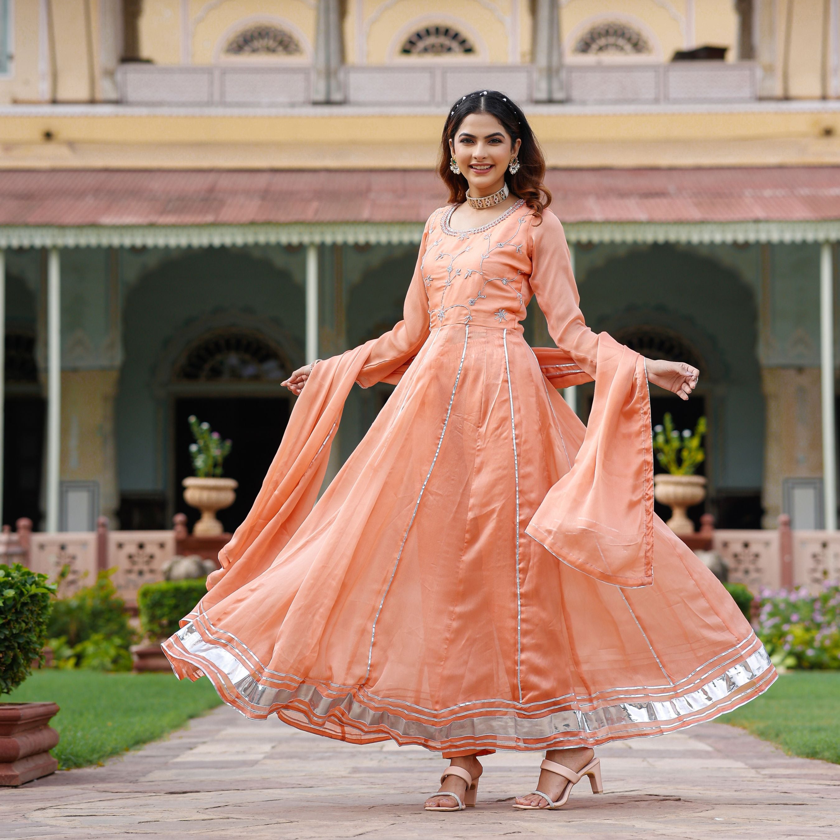 anarkali chiffon dress Purple Premium Bandhej Chiffon Anarkali Set