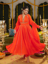 Orange Georgette Gota Hand Embroidered Anarkali Suit Set