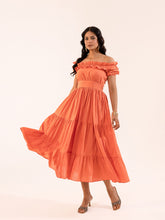 Coral Orange Off-Shoulder Ruffle Tiered Midi Dress