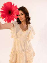 Cream Schiffli Eyelet Flutter Sleeve Tiered Mini Dress