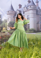 Meadow Muse – Green Cotton Puff Sleeve Dress