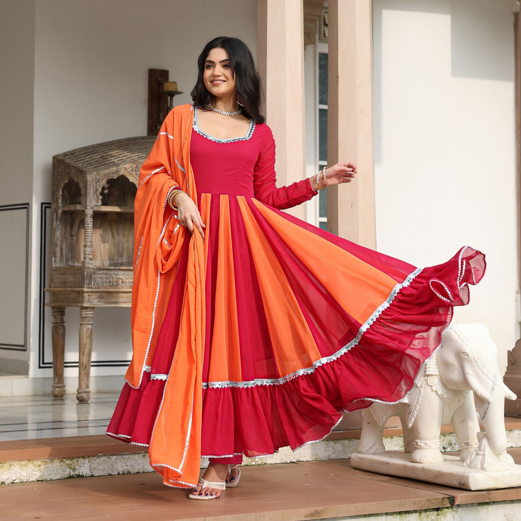 pink orange combination dress Outfit 244