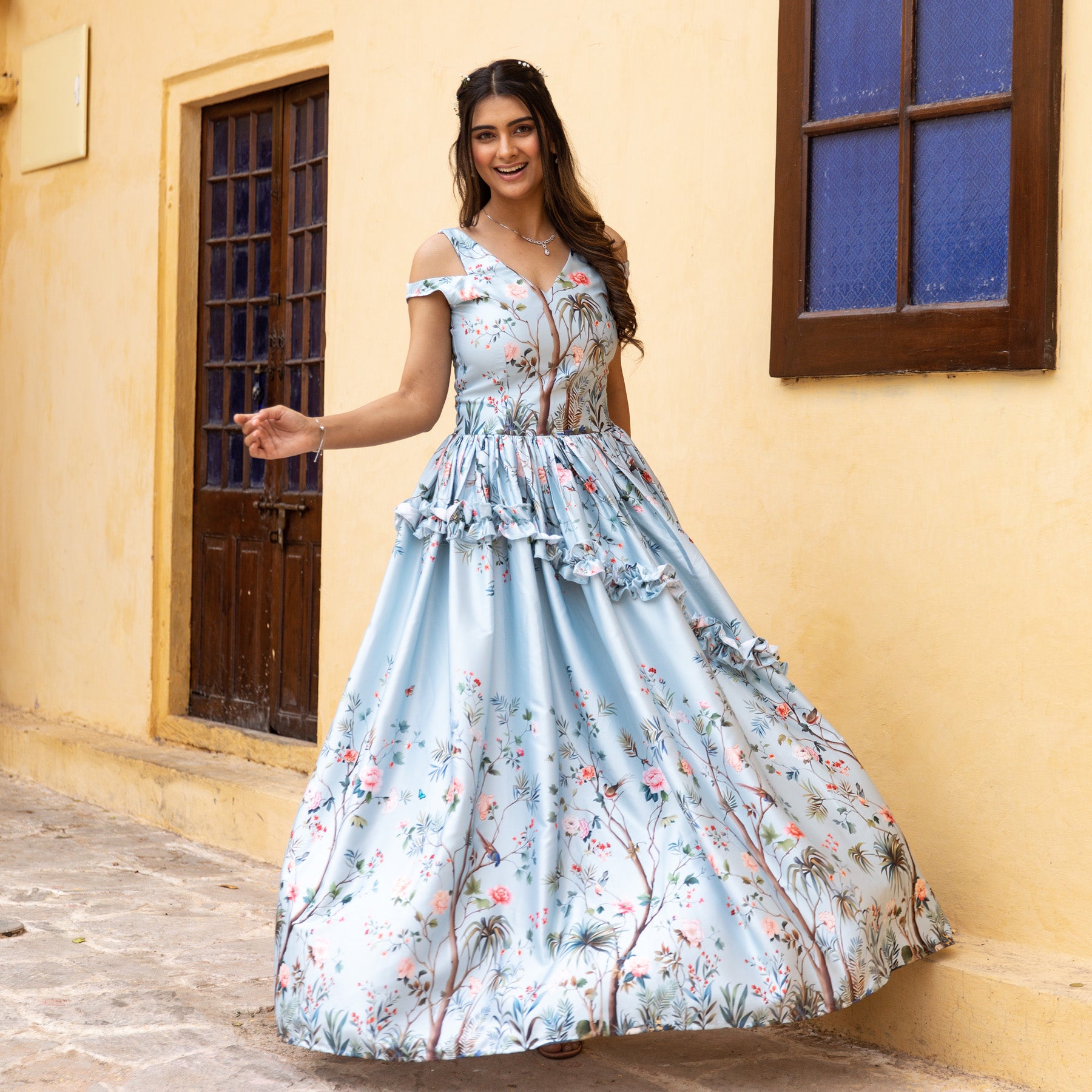 Eva Floral Print Gown Dress – ASHEERA