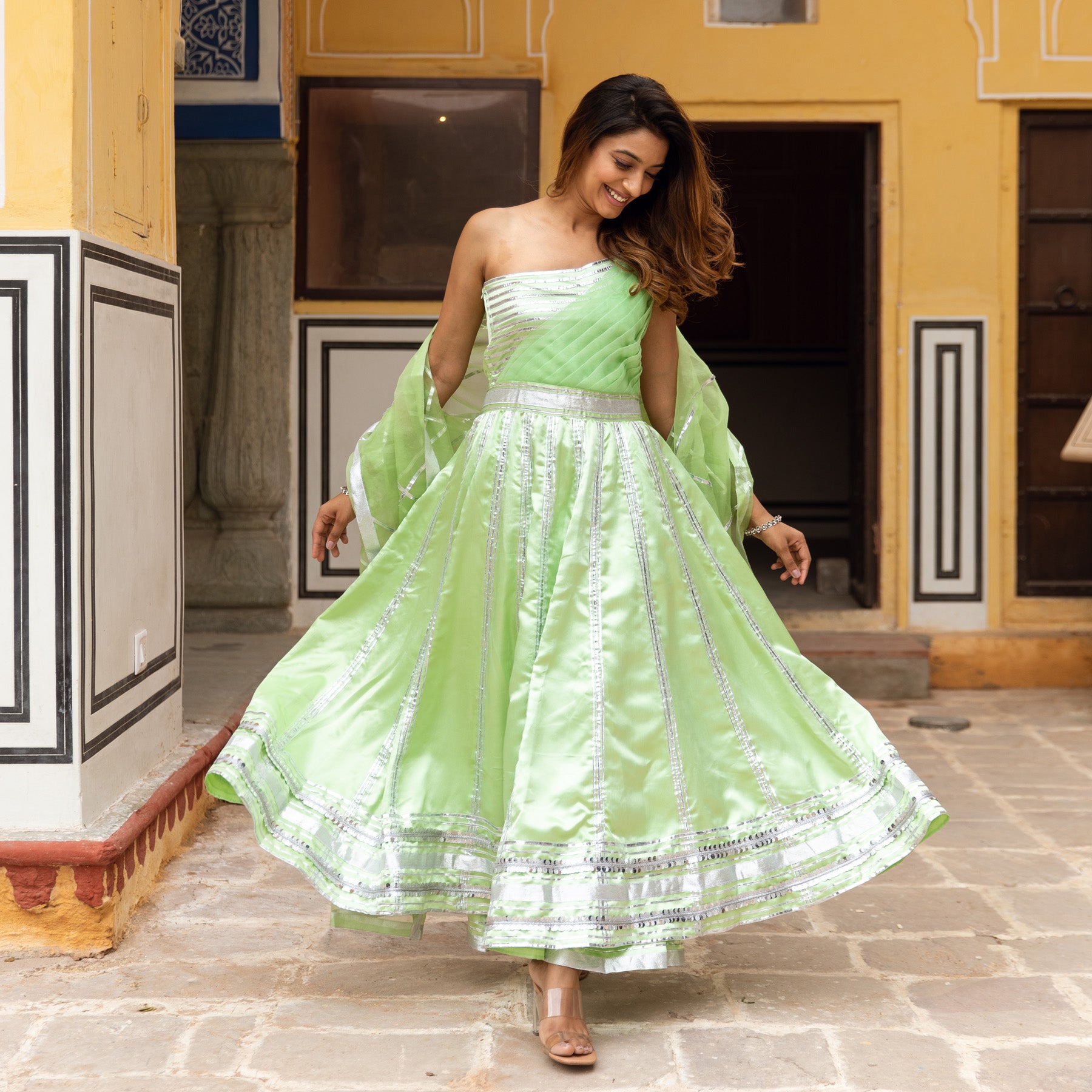 Alia Green Satin Anarkali Suit Set – ASHEERA