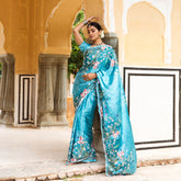 Floral Blue Satin Printed Zardozi Saree with blouse