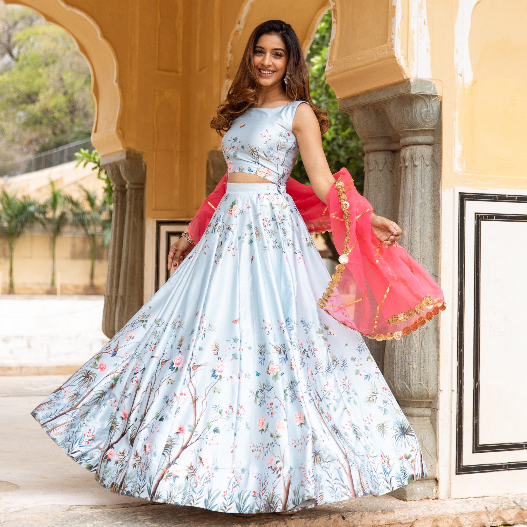 Kimaya Satin Blue Floral Lehnga Set – ASHEERA