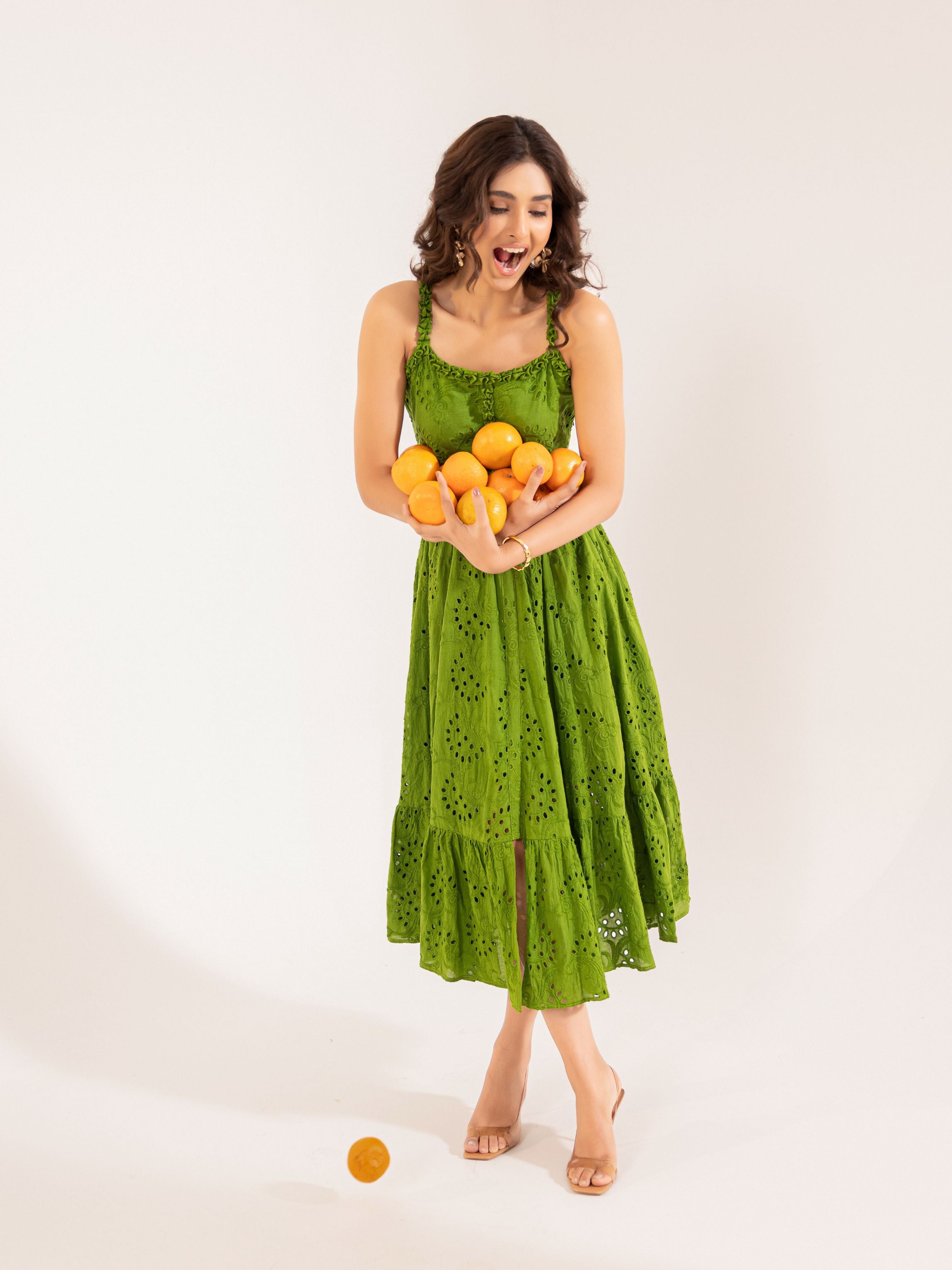 Olive Green Schiffli Eyelet Lace-Up Tiered Midi Dress | ASHEERA XS Olive Green Schiffli Eyelet Lace-Up Tiered Midi Dress | ASHEERA XS