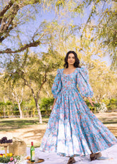 Azure Bloom Handblock Maxi Dress