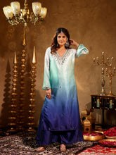 Satin Blue Ombre Mirror Work Kurta Set