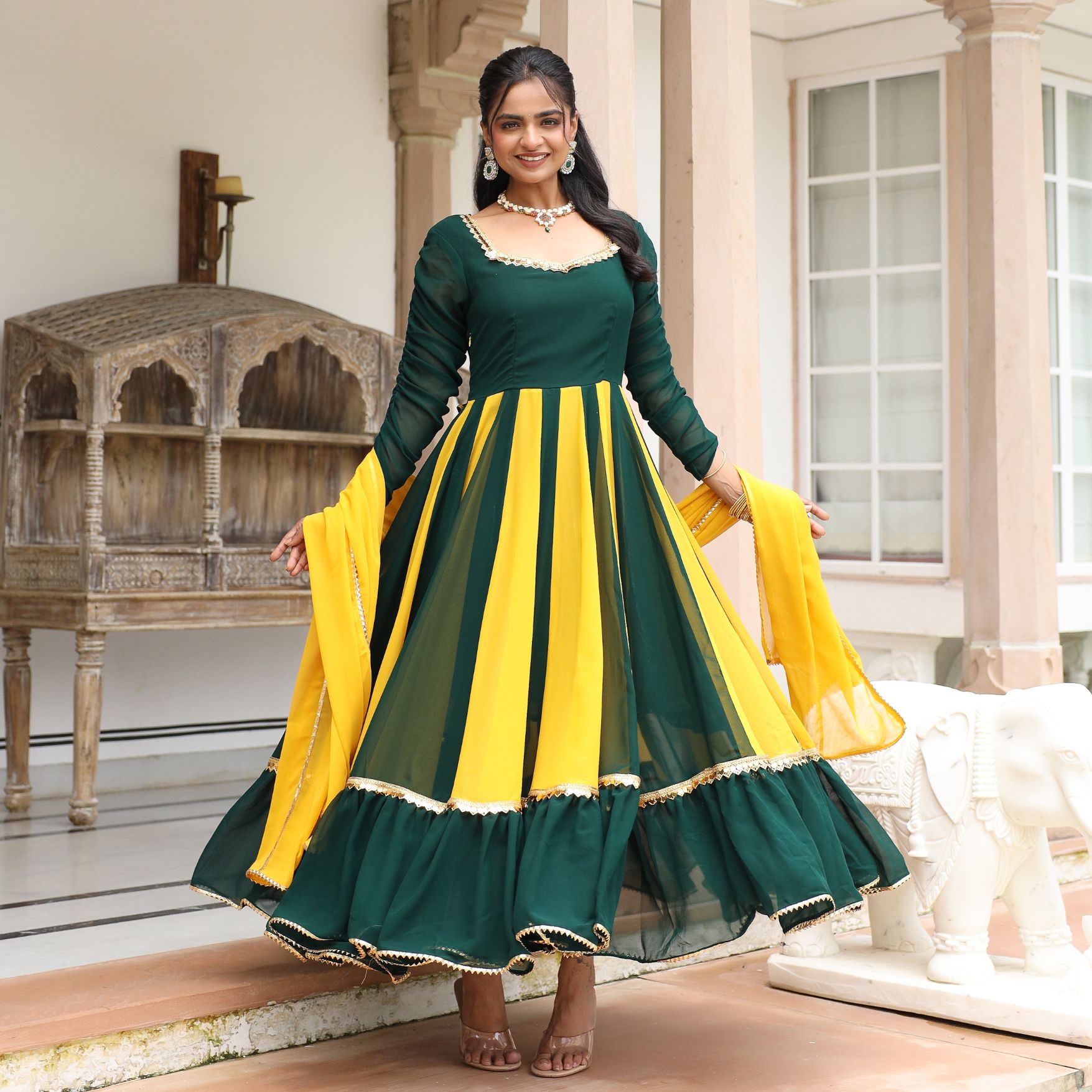 Asheera Yellow and Green Gota Work Anarkali suit Set S Asheera Yellow and Green Gota Work Anarkali suit Set S