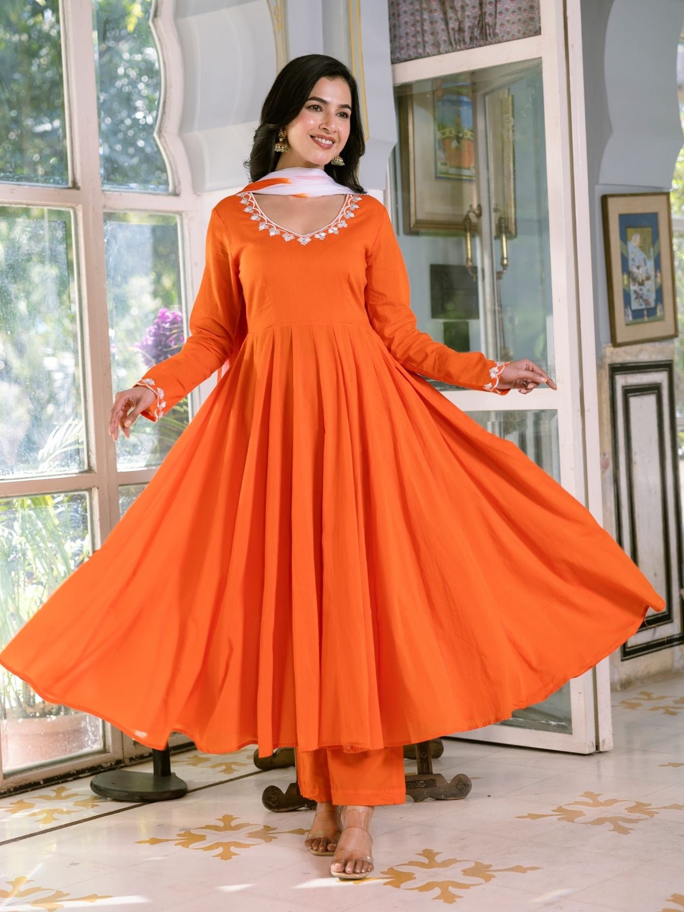Orange Mul Cotton Embroidered Anarkali Suit Set 3XL Orange Mul Cotton Embroidered Anarkali Suit Set 3XL