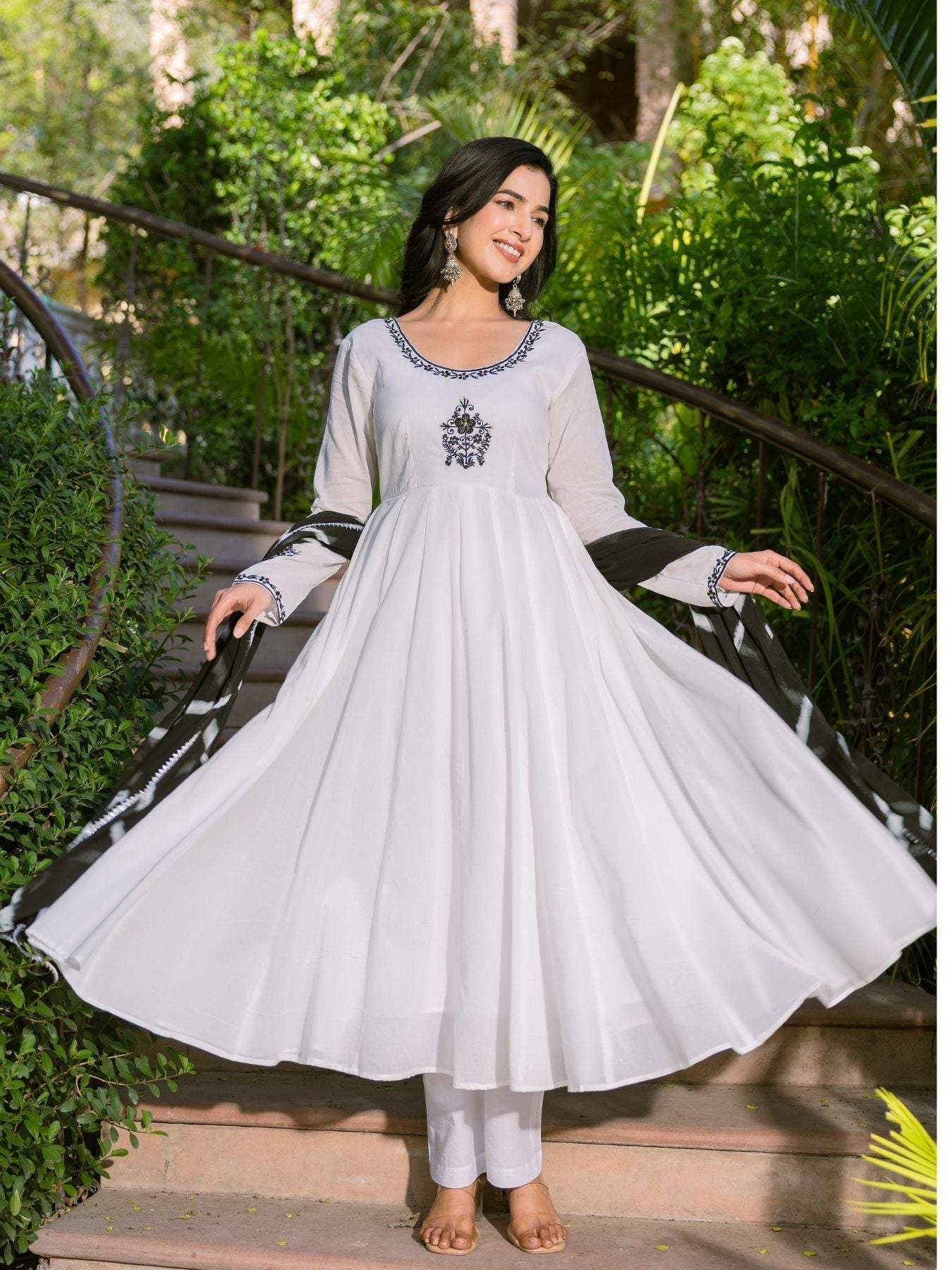 White Mul Cotton Embroidered Anarkali Suit Set 2XL White Mul Cotton Embroidered Anarkali Suit Set 2XL
