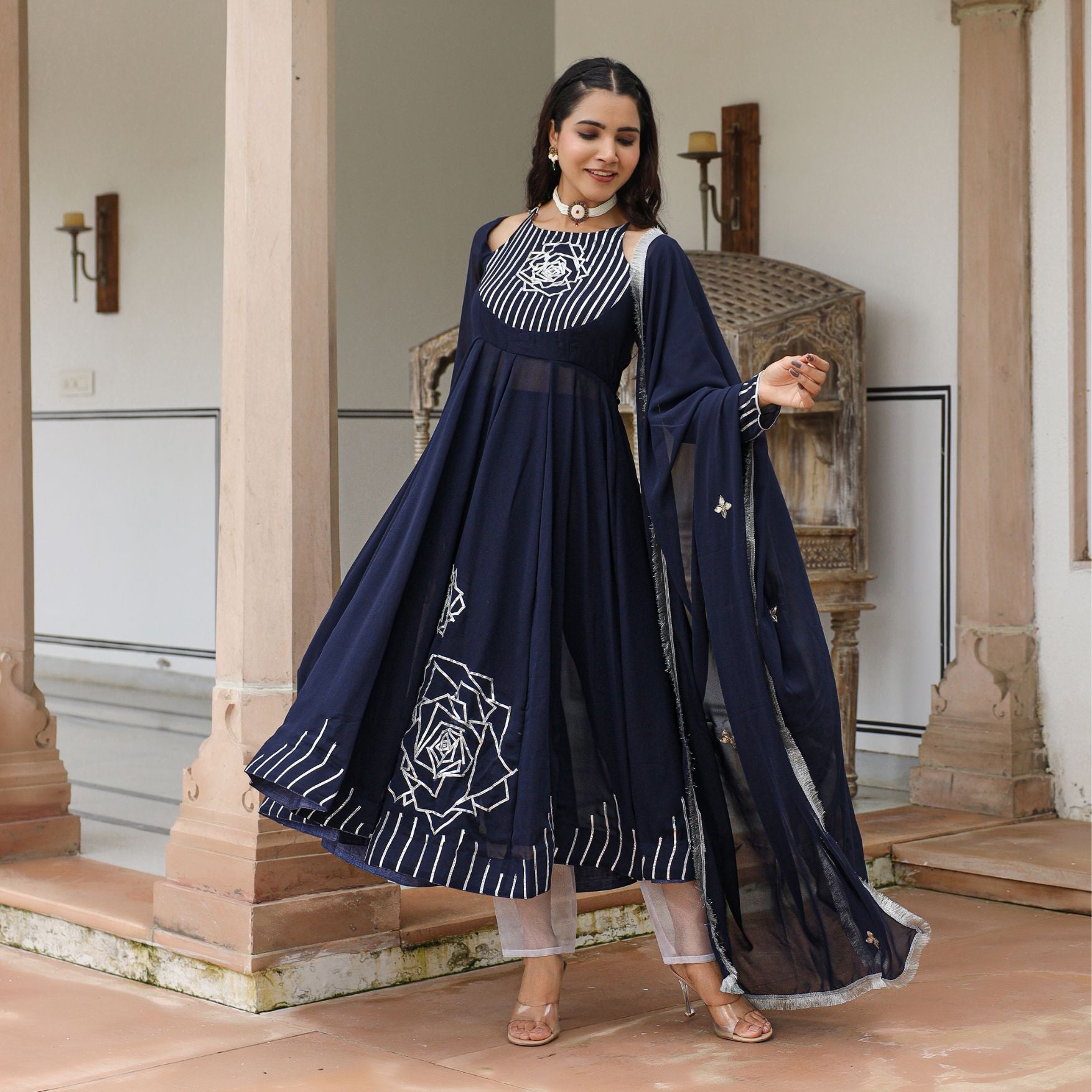 Navy Blue Heavy Gota Work Anarkali Suit Set 48 Inch | Hand Embroidered Ethnic Wear S Navy Blue Heavy Gota Work Anarkali Suit Set 48 Inch | Hand Embroidered Ethnic Wear S