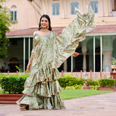 Jagriti Green Printed Satin Silk Draped Saree with blouse