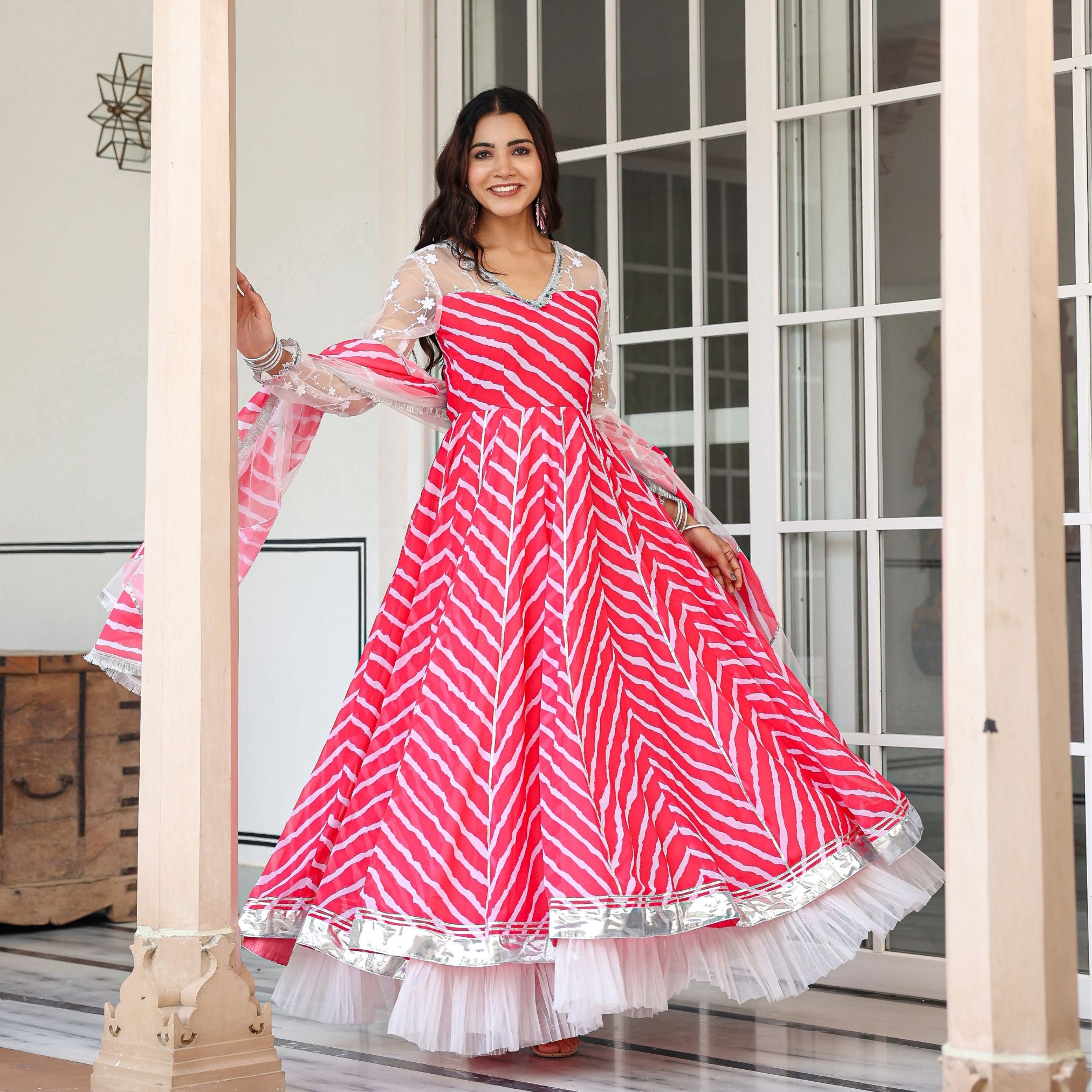 Asheera Pink Lehriya Anrakali Gown Set 5XL Asheera Pink Lehriya Anrakali Gown Set 5XL