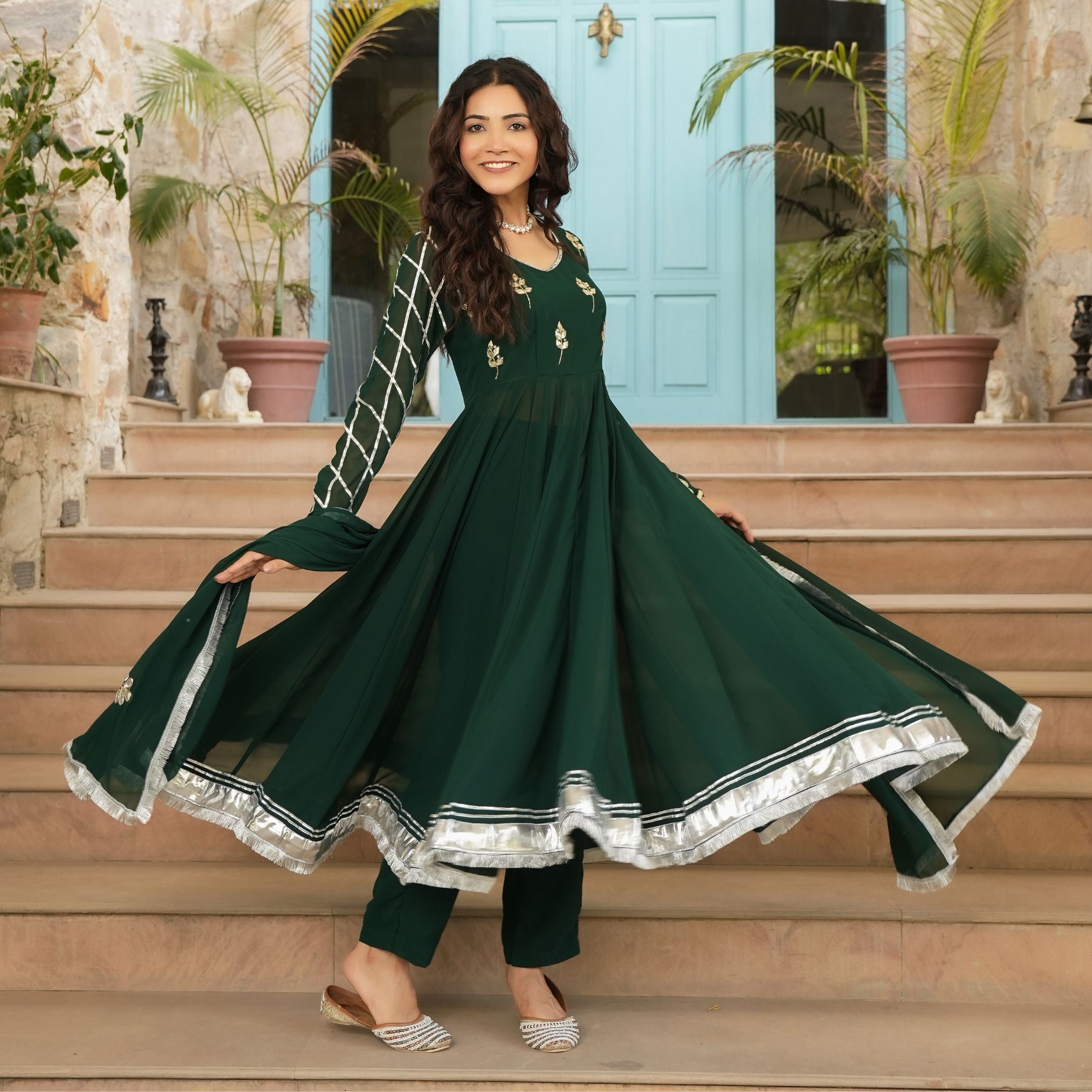 Georgette Green Gota Hand Work Anarkali Suit Set 5XL Georgette Green Gota Hand Work Anarkali Suit Set 5XL