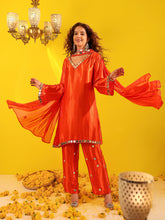 Shringar Orange Gaji Satin Silk Mirror Work Suit Set