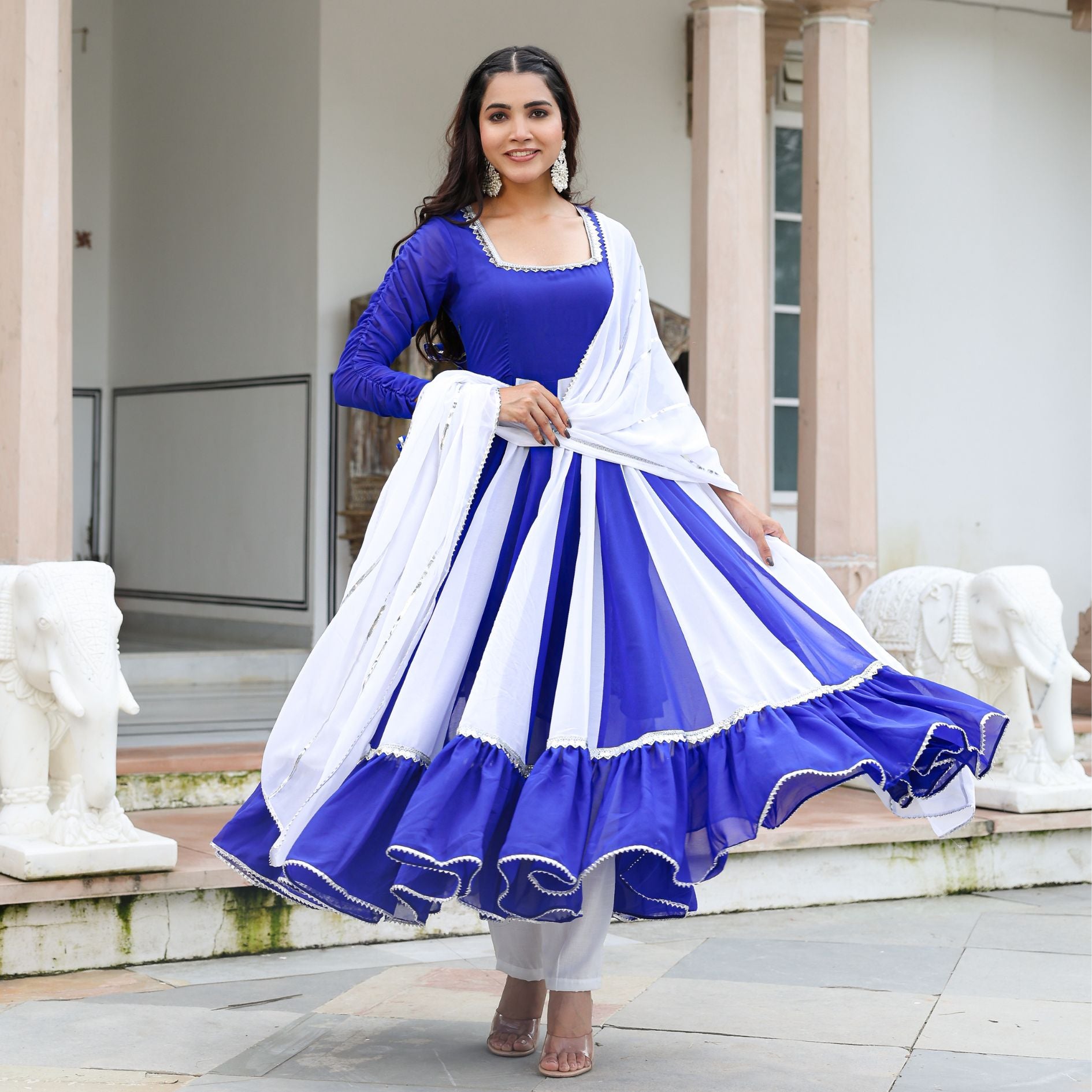 Niharika Blue and White Georgette Anarkali suit Set S Niharika Blue and White Georgette Anarkali suit Set S
