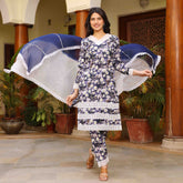 Night Blue Floral Maslin Lace Work Suit Set