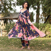Rose Blue Floral Printed Georgette Anarkali Suit Set