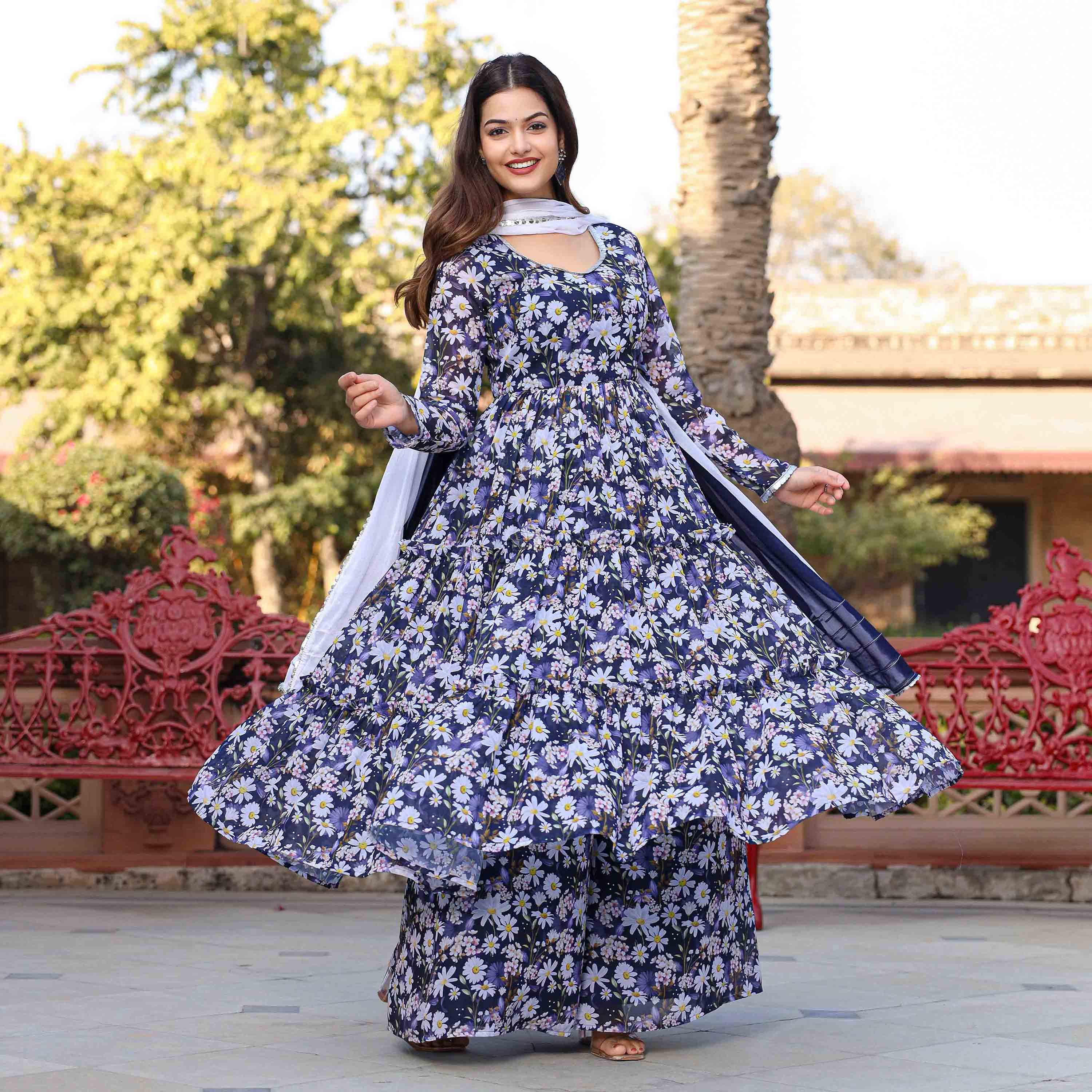 Noor Blue Floral Printed Georgette Anarkali Suit Set