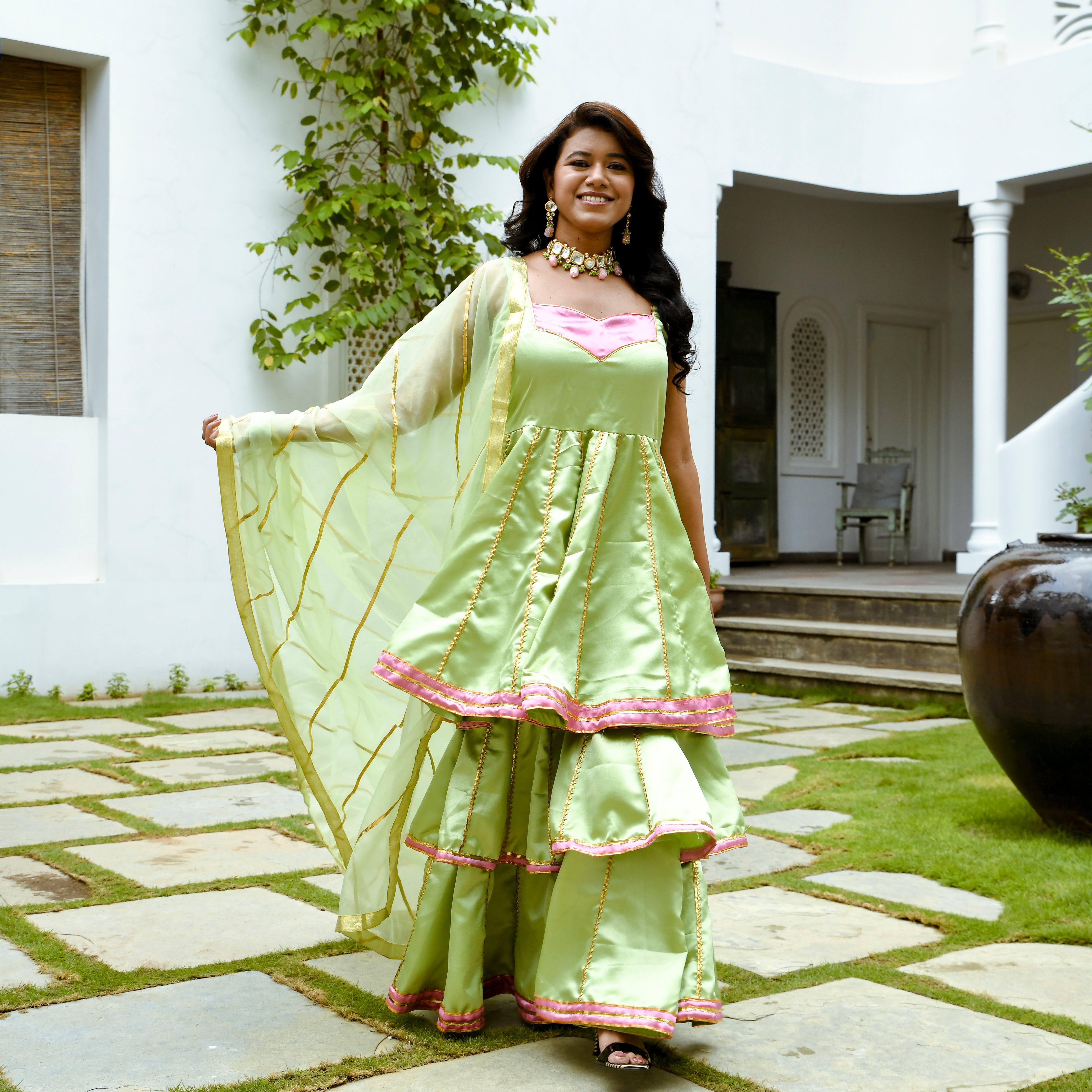 Olive Green Gotta Patti Satin Sharara Suit Set XS Olive Green Gotta Patti Satin Sharara Suit Set XS