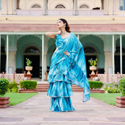 Aasma Blue Tie Dye Satin Silk Draped Saree with blouse