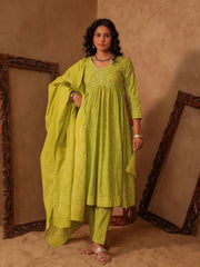 Green Jaal Vine Hand Block Cotton Anarkali Kurta Set