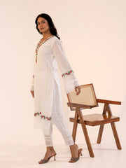 White Cotton Kurta Set with Floral Embroidery