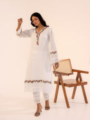 White Cotton Kurta Set with Floral Embroidery
