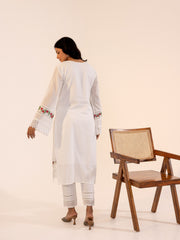 White Cotton Kurta Set with Floral Embroidery