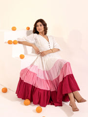 Rosie - White Pink Ombre Cotton Tiered Maxi Dress