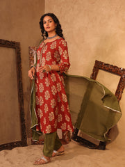 Rust Red Floral Boota Print Cotton A-Line Kurta Set
