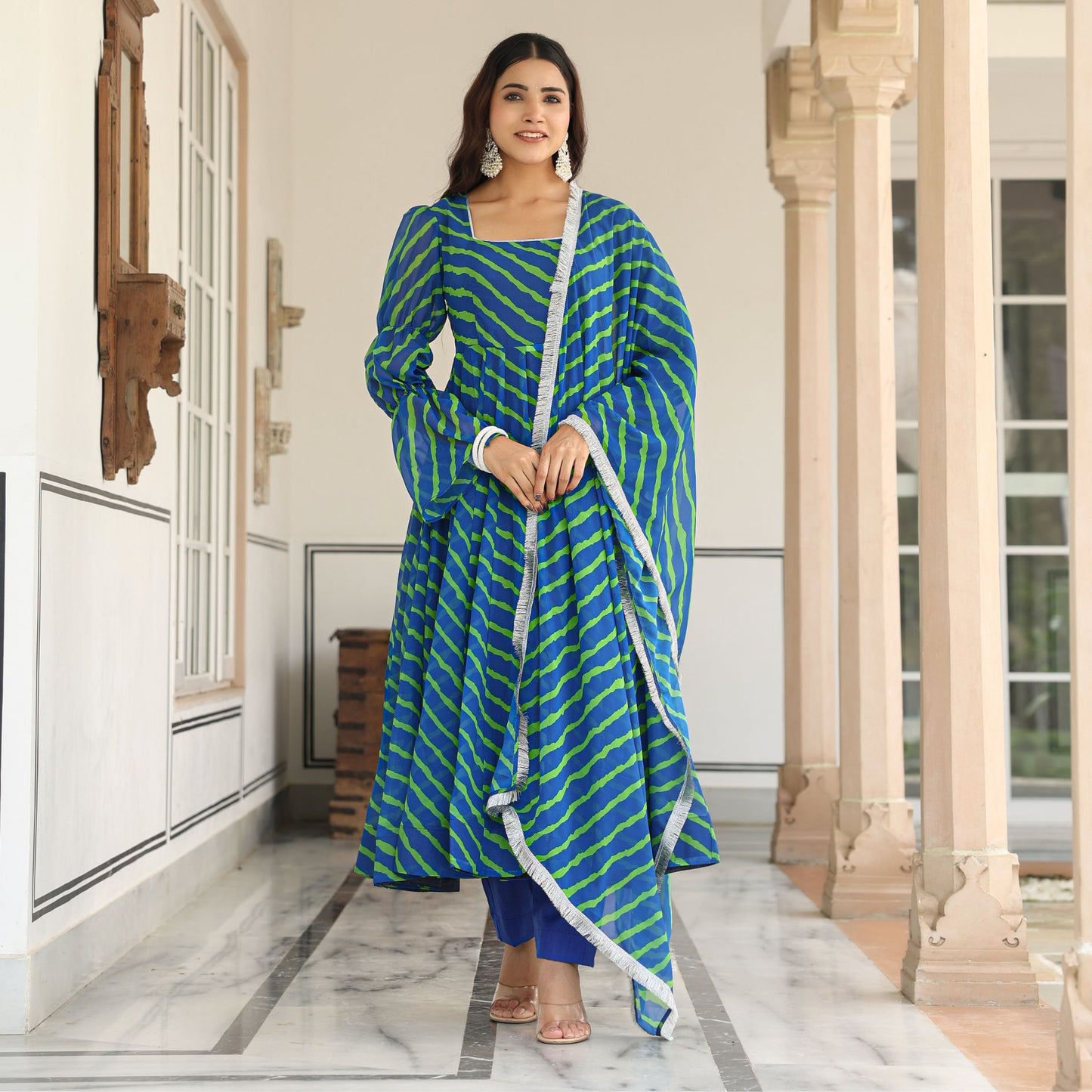 Blue Lehriya Anarkali Suit Set