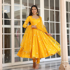 Yellow Chanderi Jacquard Anarkali Suit Set