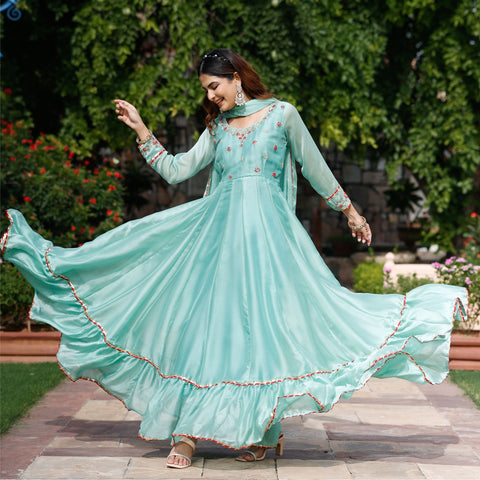 Parrot Green Zardozi Work Chiffon Anarkali Suit Set