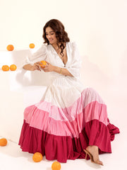 Rosie - White Pink Ombre Cotton Tiered Maxi Dress