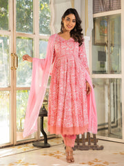 Hruti Pink Hand Block Cotton Anarkali Suit Set