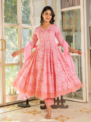 Hruti Pink Hand Block Cotton Anarkali Suit Set