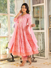 Hruti Pink Hand Block Cotton Anarkali Suit Set
