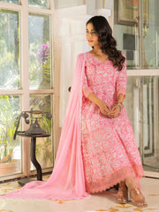 Hruti Pink Hand Block Cotton Anarkali Suit Set